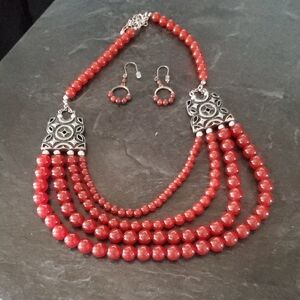 Beatiful Beaded Antique Inspired Necklace And Earrings Brownish Red